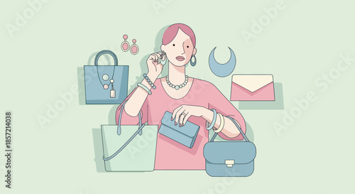 Woman trying on earrings with accessories and handbags.