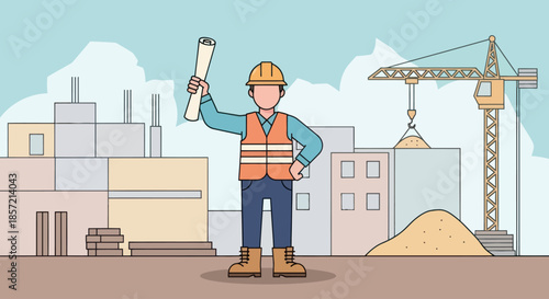 Construction worker holding blueprint at a construction site