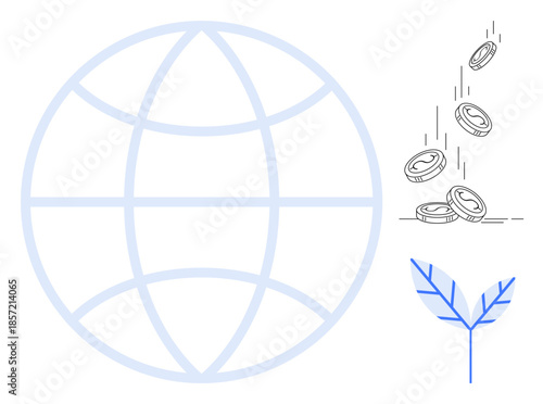 Global business, investment opportunities, sustainability, financial growth, eco-economy, international trade. Globe, falling coins minimal leaf outline. Business and investment opportunities