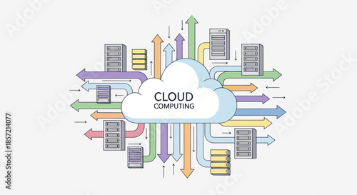 Illustration of cloud computing technology with network servers and data flow.
