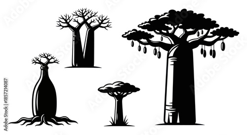 A set of stylized African baobab tree silhouettes on a white background.