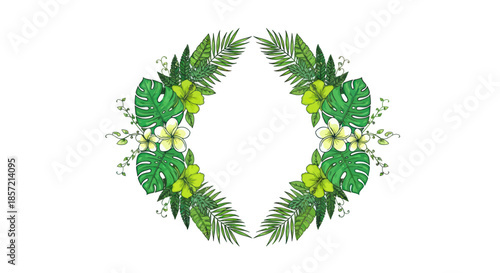 Tropical wreath with exotic flowers and palm leaves isolated on a white background.