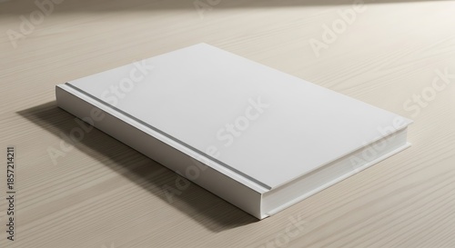 Blank book on a light wooden surface.