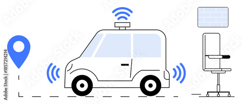 Self-driving cars, smart transport, technology innovation, navigation systems, location tracking, modern mobility. Futuristic car emitting wireless signals. Smart transport and modern mobility