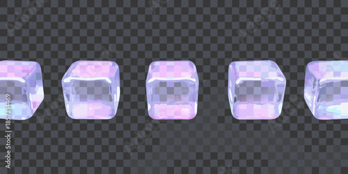 A row of translucent pastel purple and blue colored ice cubes on a dark background