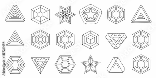 Collection of geometric shapes triangles cubes stars and polygons in line art