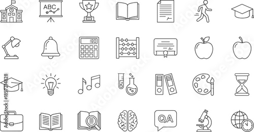Comprehensive black line icon set for education and school equipment featuring school building trophy calculator abacus music science and physical education symbols.