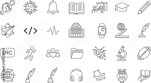 Comprehensive black line icon set for education and academic research featuring science math music laboratory tools