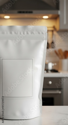 Blank White Pouch Packaging on Kitchen Countertop.