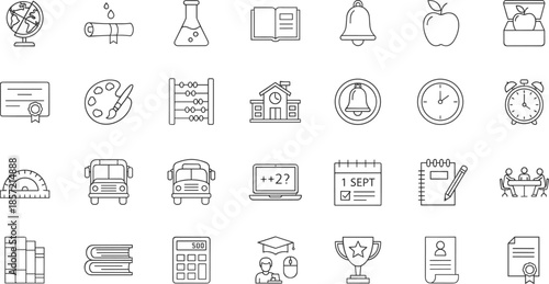 Education and Back to School Line Icon Set Featuring Globe Diploma Chemistry Flask Books School Bell Apple Bus Calculator and Academic Success Symbols Vector Graphic
