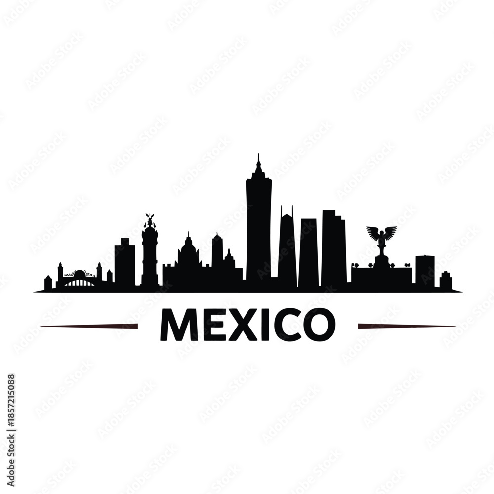 Fototapeta premium Mexico city skyline silhouette with the country name boldly displayed below