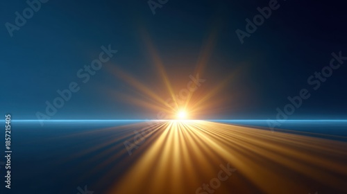 Beautiful sunrise over calm ocean water, golden rays of light illuminating the horizon, peaceful and serene landscape with blue tones