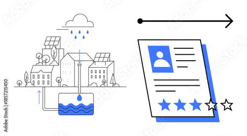 Urban rainwater harvesting system with storage alongside performance review document and rating icons. Ideal for sustainability, environmental management, resource conservation, wastewater treatment
