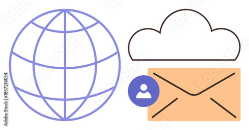 Globe, cloud, envelope, and user icon representing global communication, cloud storage, email access, and user interaction. Ideal for connectivity, technology communication networking cloud