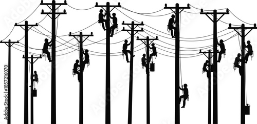 Utility workers climbing poles, electrical line maintenance, teamwork on power grid, safety gear, silhouette illustration, black and white, infrastructure, energy, repair scene