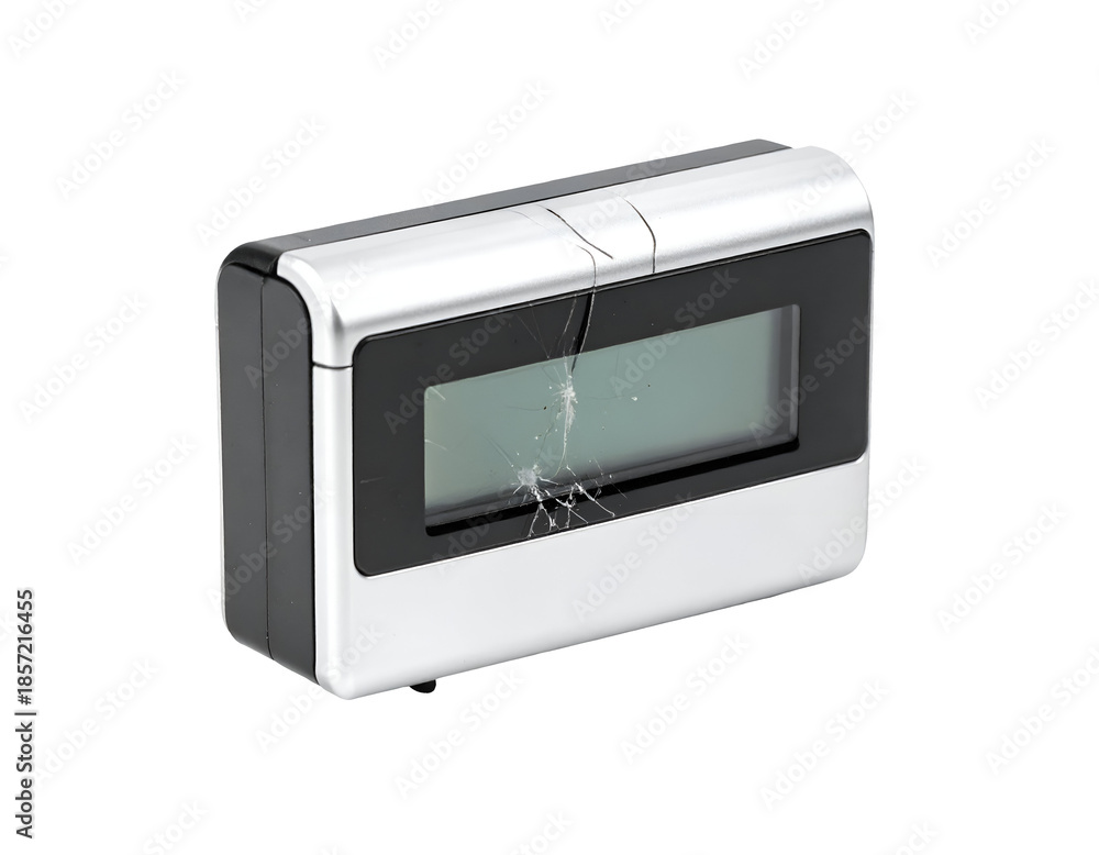 Fototapeta premium Broken digital alarm clock with cracked screen damaged display electronic device on isolated background