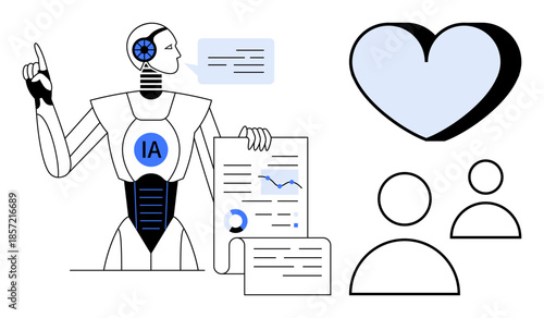 Artificial intelligence, data analytics, human-centered AI, technology innovation, machine learning, AI ethics. Robot holding documents and pointing while talking with a heart and user symbols