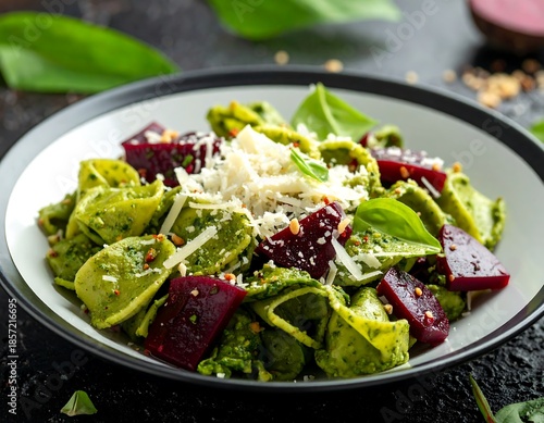 Green pasta and beet cubes in a bowl, topped with cheese and herbs, dark background