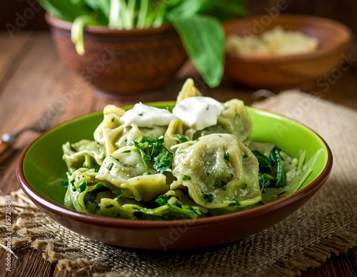 Green pasta parcels topped with white sauce and herbs, presented in a colorful bowl