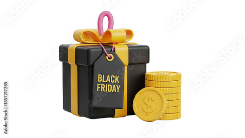 Black Friday Gift Box and Stack of Gold Coins on transparent background