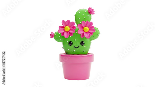 Cute Cartoon Cactus with Pink Flowers on transparent background