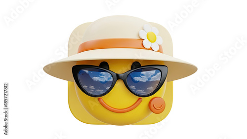 Happy Emoji Wearing Sun Hat and Sunglasses on transparent background