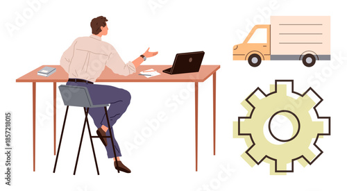 Person seated at desk with laptop, gesturing thoughtfully. Nearby, a delivery truck and gear represent transport logistics, workflow, and productivity. Ideal for business, logistics, management