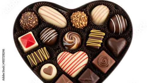 Assorted chocolates in a heart shaped box isolated on transparent background for valentines day