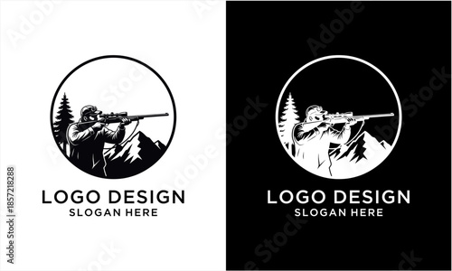 Hunter with rifle aiming in mountainous landscape, outdoor adventure.