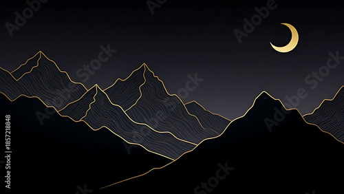 Golden mountain range at night under crescent moon