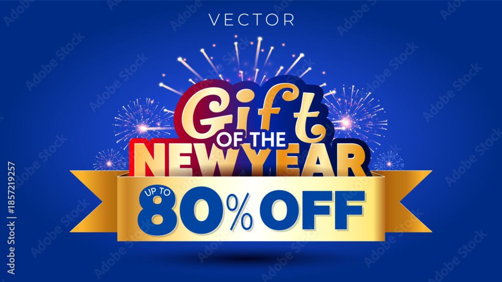 Fototapeta premium Gift of the New Year Up to 80% Off festive golden logo unit design for 2026 sales, deals, and discounts promotions on blue background. 