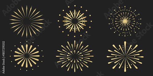 Golden firework displays and sparkling starbursts on a dark black background