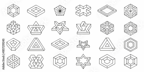 Collection of intricate geometric shapes and optical illusions in black and white