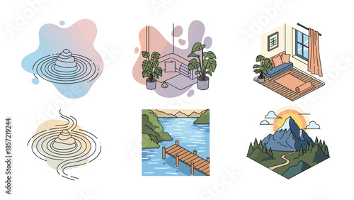 Vibrant illustrations of serene landscapes and cozy interiors for design, Generative AI.