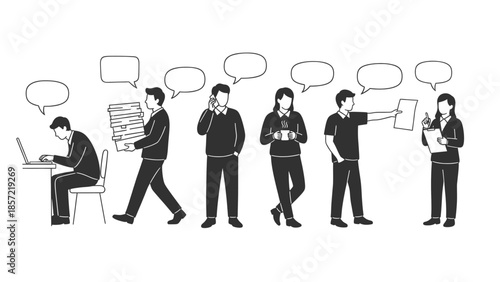 A diverse group of business professionals engaged in various office tasks and communications