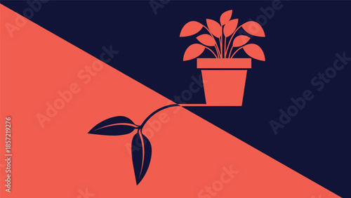 Minimalist design with potted plant icon and seedling against split color background