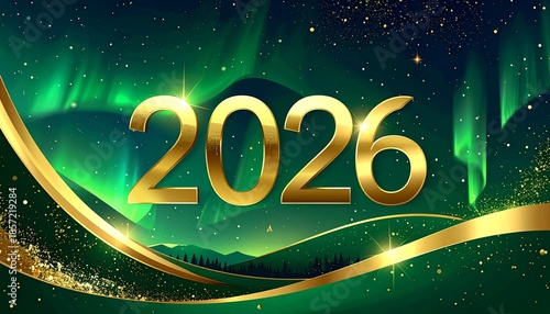 A luxurious golden 2026 against a vibrant aurora borealis background with sparkling gold ribbons, celebrating a festive and prosperous new year with elegance.