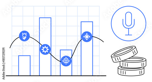 Business trends, financial analysis, podcasting, seasonal data, market growth, audio content. Bar chart with seasonal icons, microphone symbol and coin stack. Business trends and financial analysis