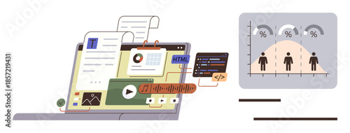 Laptop screen with multimedia content, code snippets, and data visualization graph. Ideal for digital marketing, software development, multimedia integration, analytics, educational tools, technology