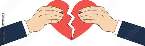 Hands breaking red heart symbol vector illustration representing heartbreak, breakup, divorce, emotional pain, relationship conflict, and love separation concept