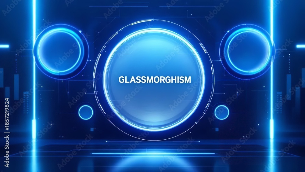 Fototapeta premium Futuristic blue glassmorphism background with glowing circles, offering a modern and technological aesthetic for digital designs