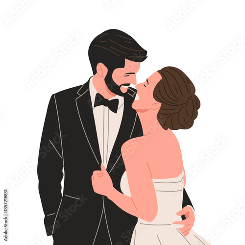 Flat vector illustration of newlywed couples wearing elegant wedding dresses and suits. Concept of marriage, wedding ceremony, romance, love story, engagement, celebration, and happy couple moment