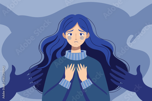 Vulnerable woman feeling overwhelmed and anxious with reaching hands, symbolizing fear, abuse and mental health struggles in shades of blue tones