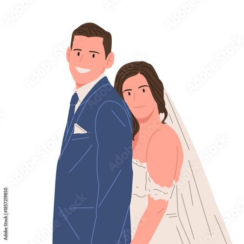 Flat vector illustration of newlywed couples wearing elegant wedding dresses and suits. Concept of marriage, wedding ceremony, romance, love story, engagement, celebration, and happy couple moment