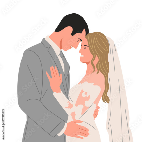 Flat vector illustration of newlywed couples wearing elegant wedding dresses and suits. Concept of marriage, wedding ceremony, romance, love story, engagement, celebration, and happy couple moment