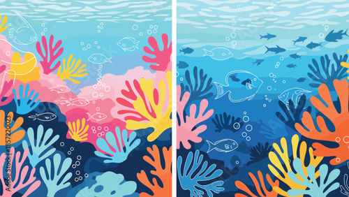 Vibrant coral reef scene with colorful fish swimming in ocean, Generative AI.