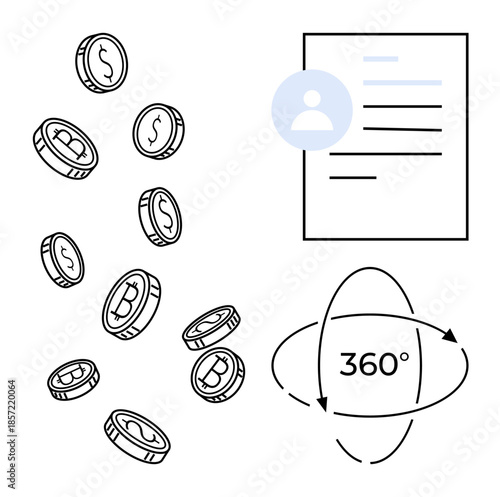 Cryptocurrency, digital wallets, virtual reality, data visualization, finance, user profiles. Bitcoin and dollar coins, a user profile document and a 360-degree symbol. Cryptocurrency and digital