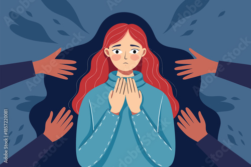 Isolated woman feeling overwhelmed by pressure and anxiety, surrounded by grasping hands, portraying mental health struggles and emotional vulnerability