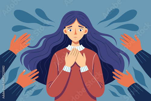 Feeling overwhelmed and needing support - a woman experiencing anxiety with comforting hands offering help, perfect for mental health campaigns