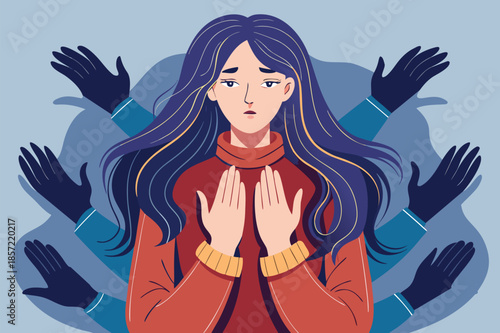 Feeling overwhelmed? Use this illustration of a woman surrounded by hands to visualize anxiety, stress, or needing support in your project